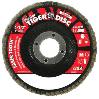 Opens dialog WEILER 50103 SaberTooth Ceramic Flap Disc 4 1/2" 80 Grit 7/8" Arbor 13000RPM (10pk)