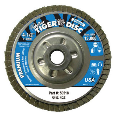 Opens dialog WEILER 50518 TigerDisc Angled Style Flap Disc 4-1/2" 40 Grit 5/8 Arbor Aluminum Back