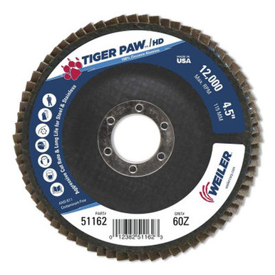 Opens dialog WEILER 51162 TigerPaw Coated Abrasive Flap Disc 4-1/2" 60 Grit 7/8 Arb. 12000RPM 10pk