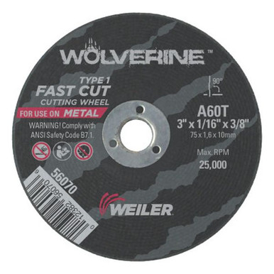 Opens dialog WEILER 56070 Wolverine Thin Cutting Wheels 3" Dia 1/16 Thick 3/8 Arbor 60 Grit (100pk)