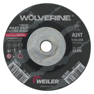 Opens dialog WEILER 56385 Wolverine Thin Cutting Wheels 4 1/2" Dia 3/32" Thick 24 Grit Alum. Oxide