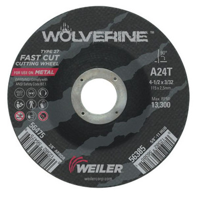 Opens dialog WEILER 56475 Wolverine Grinding Wheels 4 1/2" Dia 3/32" Thick 7/8" Arbor 24 Grit T