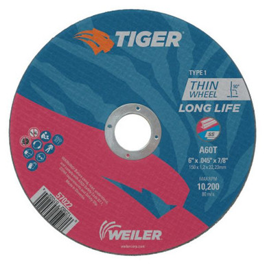Opens dialog WEILER 57022 Tiger Thin Cutting Wheels, 6" Dia, .045" Thick, 7/8" Arbor, Grit 24 (25pk)
