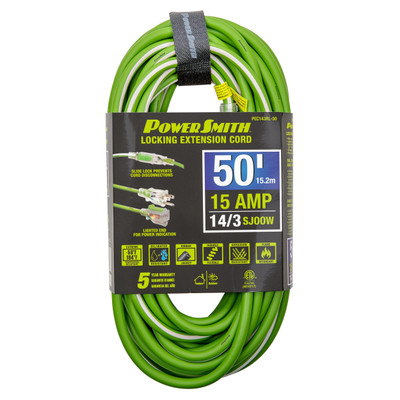 PowerSmith 50 ft 14/3 AWG Rubber Jacket Locking Extension Cord with Slide Lock (PEC143RL-50)