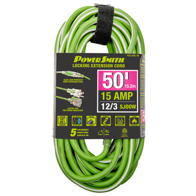 PowerSmith 50 ft 12/3 AWG Rubber Jacket Locking Extension Cord with Slide Lock (PEC123RL-50)