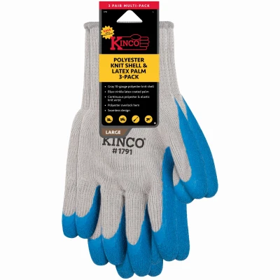 Men's Large Gray Polyester Work Gloves With Blue Latex Grip