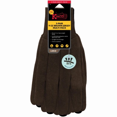 Men's Heavy-duty Brown Jersey Gloves With Pvc Grip – 3 Pack, Large