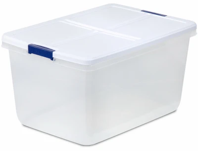 Latched Storage Tote, White/blue Latch, 66-quart Capacity For Efficient Organization