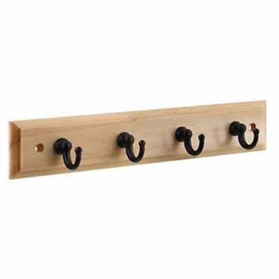 Oil Rubbed Bronze Hook Rack On Natural Wood Rail - 4 Hooks