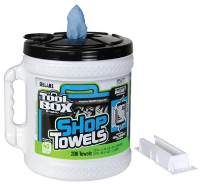Durable Blue Shop Towels In Convenient 200-count Dispenser Bucket