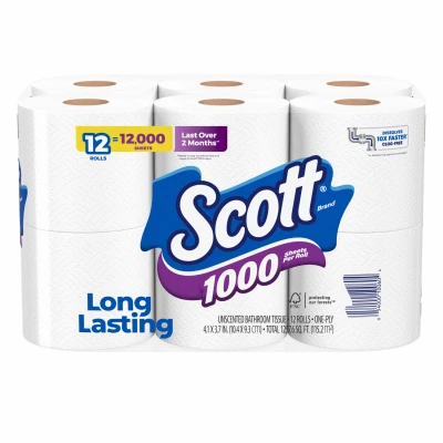 1-ply White Bath Tissue - 12 Rolls, 1000 Sheets Each