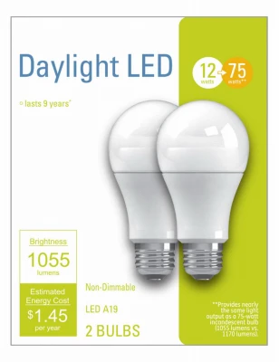 A21 Led Daylight Bulbs 12w, 1055 Lumens - 2 Pack