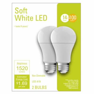 Led Light Bulbs, A19, Soft White, 1520 Lumens, 14 Watt, 2-pk.