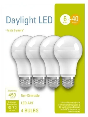 A19 Led Daylight Bulbs 6w, 450 Lumens, 4-pack