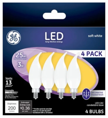 Frosted Decorative Led Bulbs 2.5w Candelabra Base 4-pack