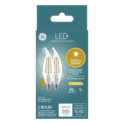 Ge Led+ 5w Soft White Dusk-to-dawn Candelabra Bulbs, 2-pack
