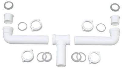 White Plastic Two-bowl Kitchen Sink Drain With Center Outlet, 1.5-inch Diameter