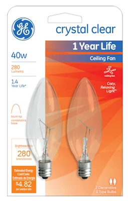 40w Candelabra Base Ceiling Fan Bulb – 2 Pack