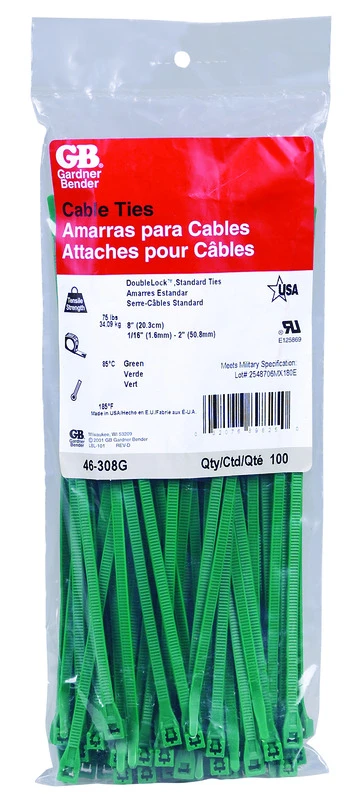 Cable Ties, Green, 8 In., 100-pk.