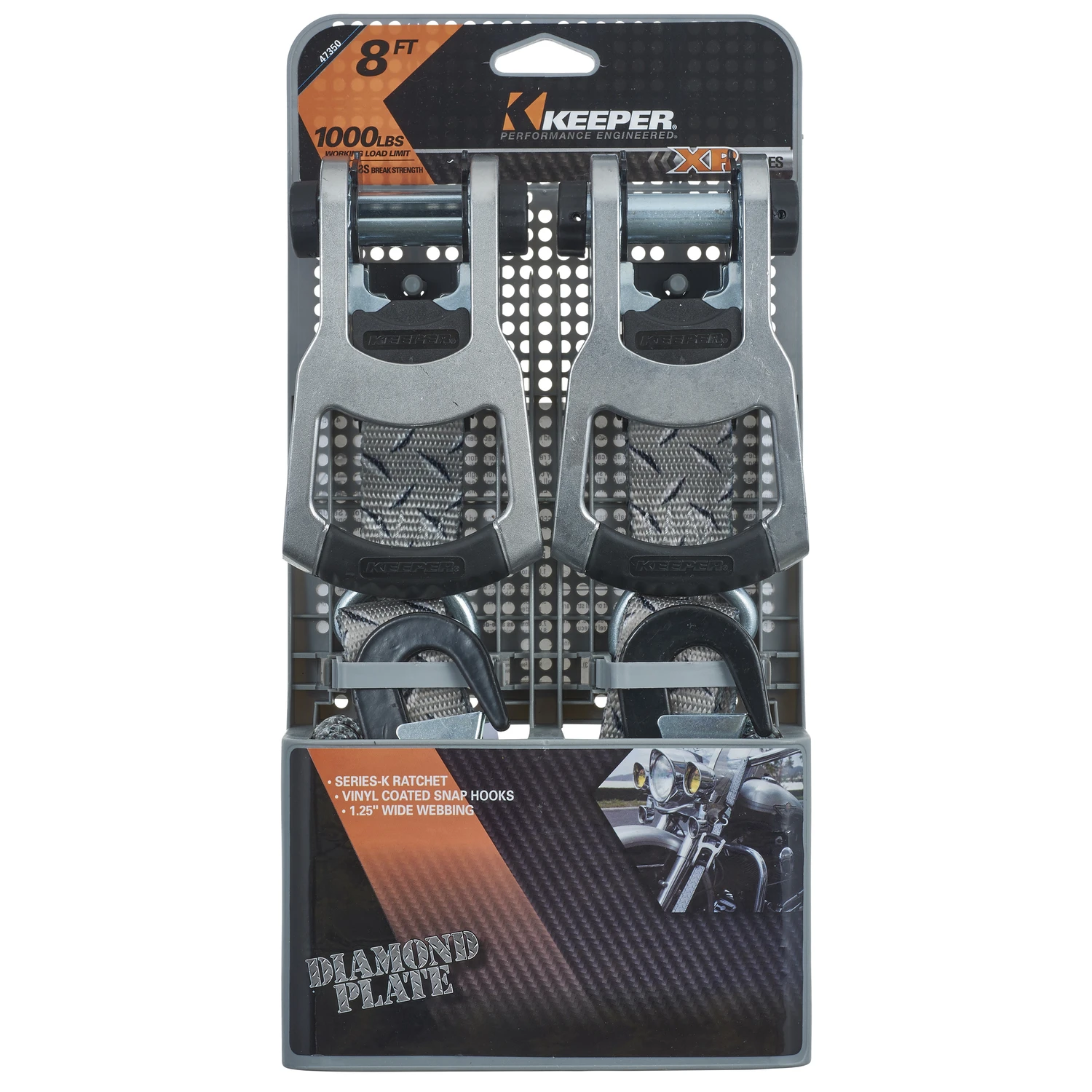 Ratchet Tie-down, Aluminum Alloy Handle, Diamond Plate, 1-1/4 In. X 8 Ft., 2-pk.