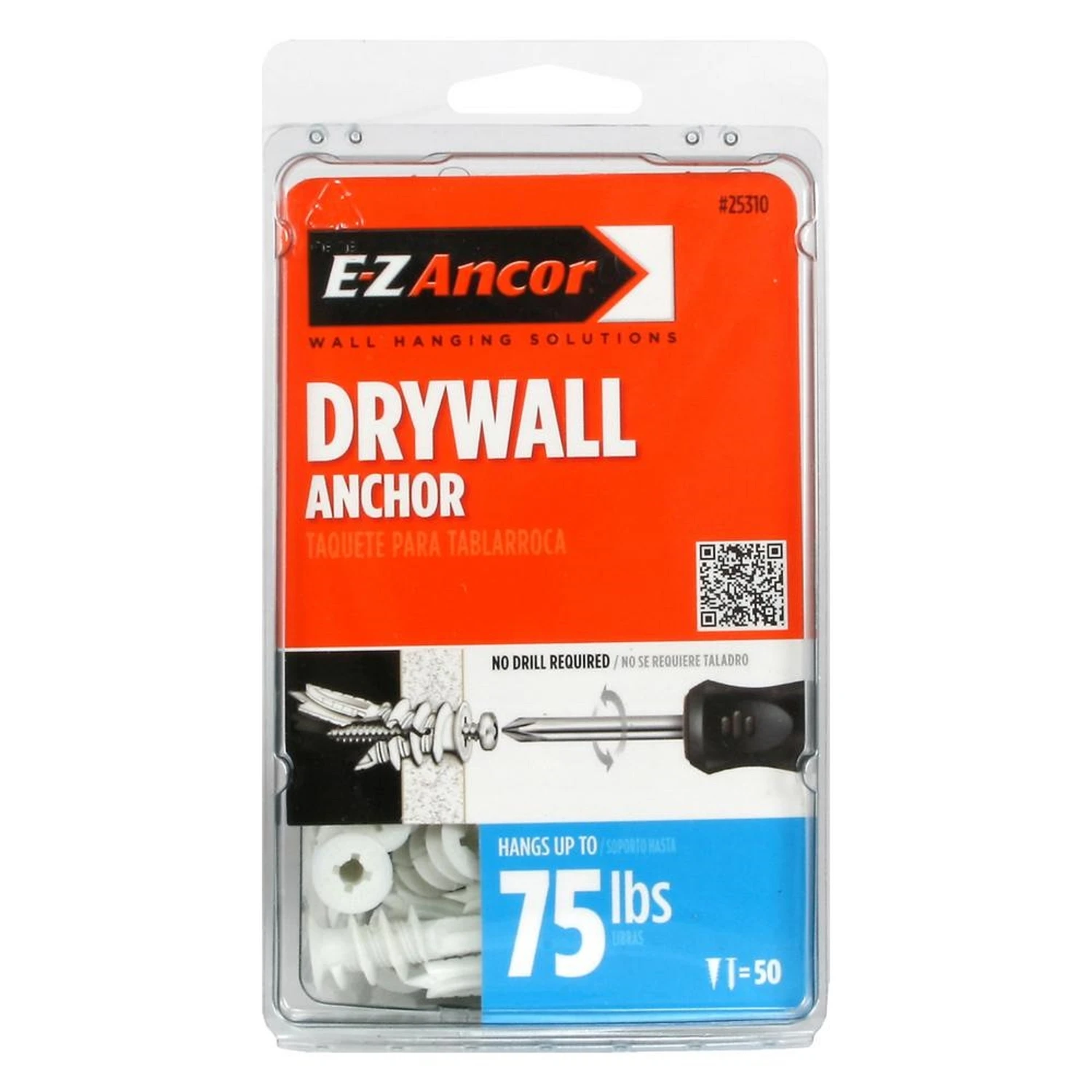 Drywall Anchors, Self-drilling, Plastic, #75, 50-pk.