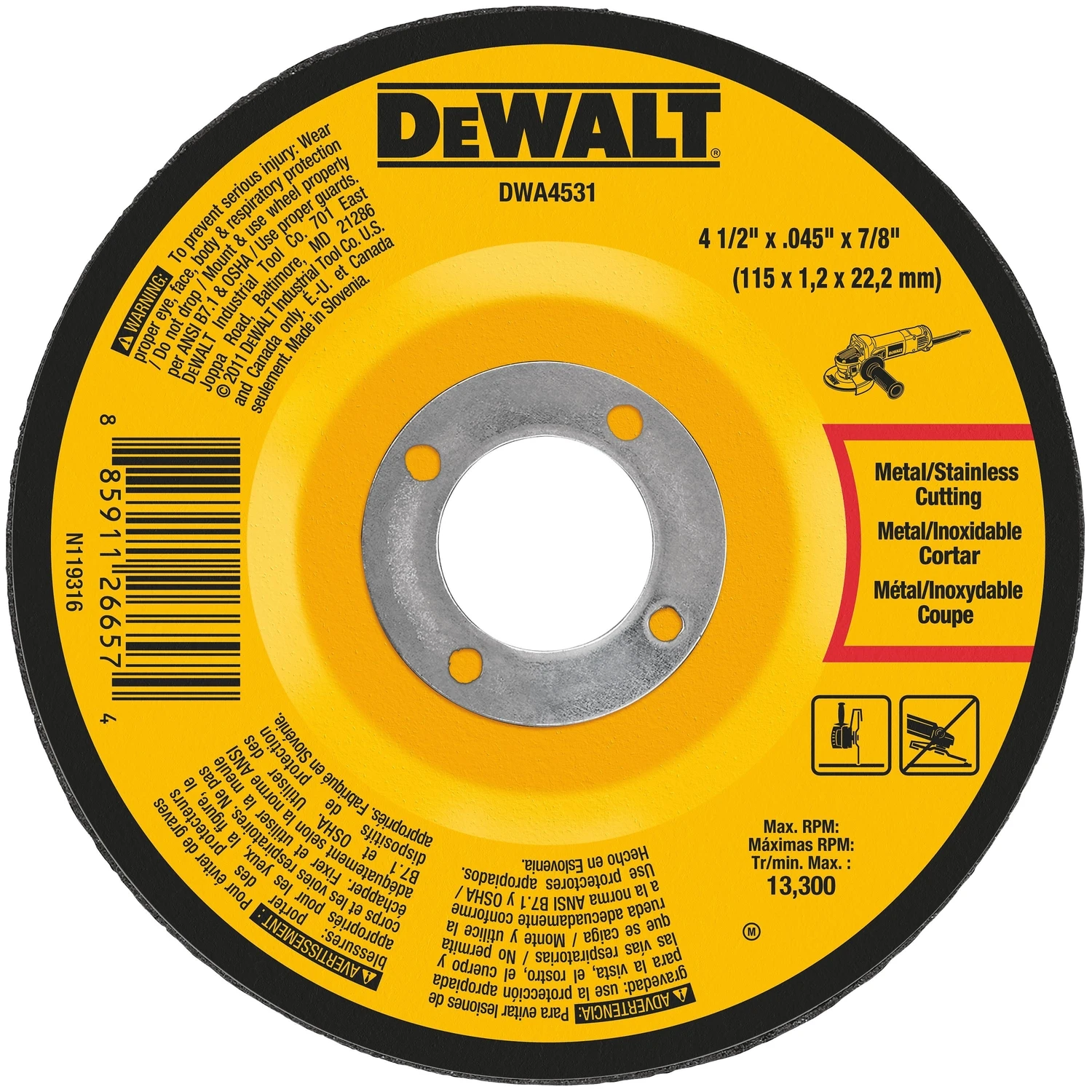 T27 Metal Cut-off Wheel, Aluminum Oxide, 4-1/2 X .045 X 7/8 In.