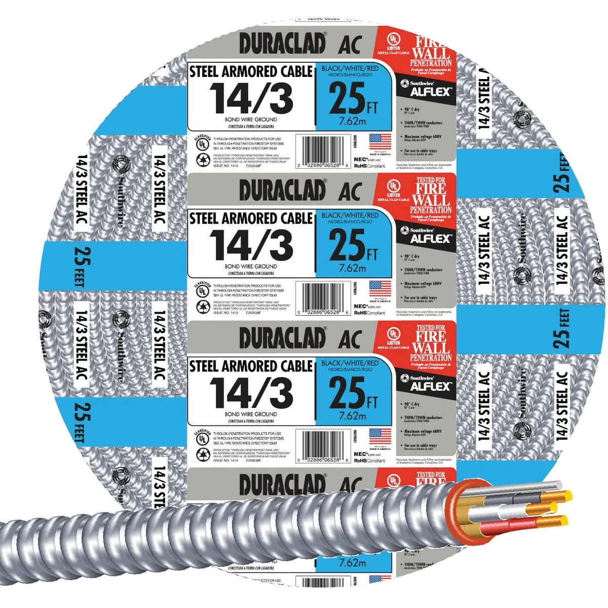 25 Ft. 14/3 Ac Armored Cable Electrical Wire - Ul Listed