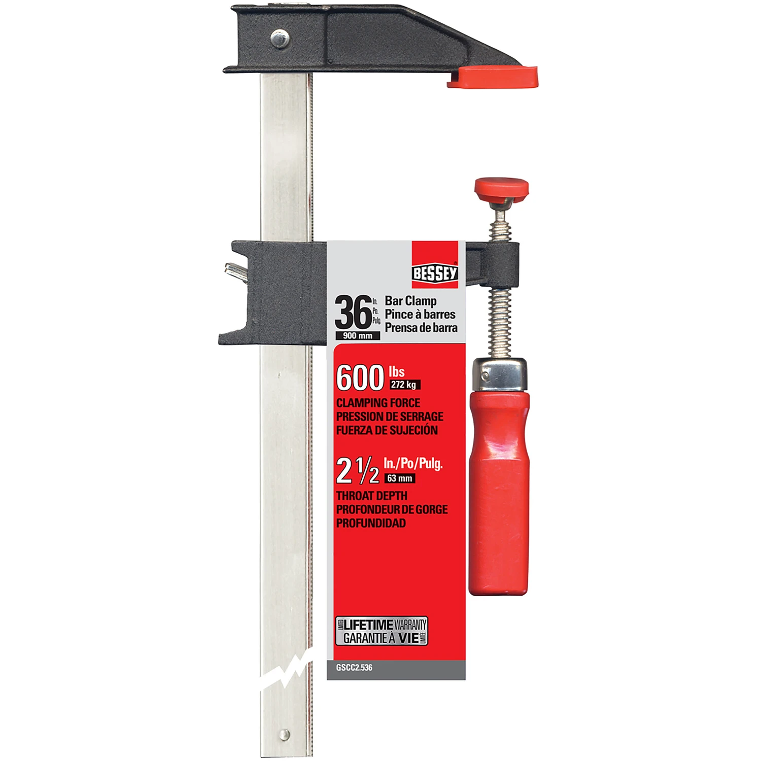 36 In. Clutch Style Bar Clamp With 2-1/2 In. Throat Depth And 600 Lb Capacity