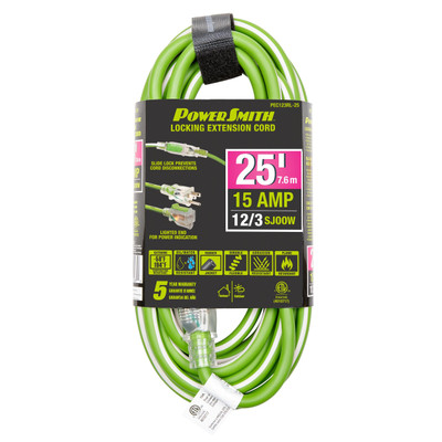 PowerSmith 25 ft 12/3 AWG Rubber Jacket Locking Extension Cord with Slide Lock (PEC123RL-25)